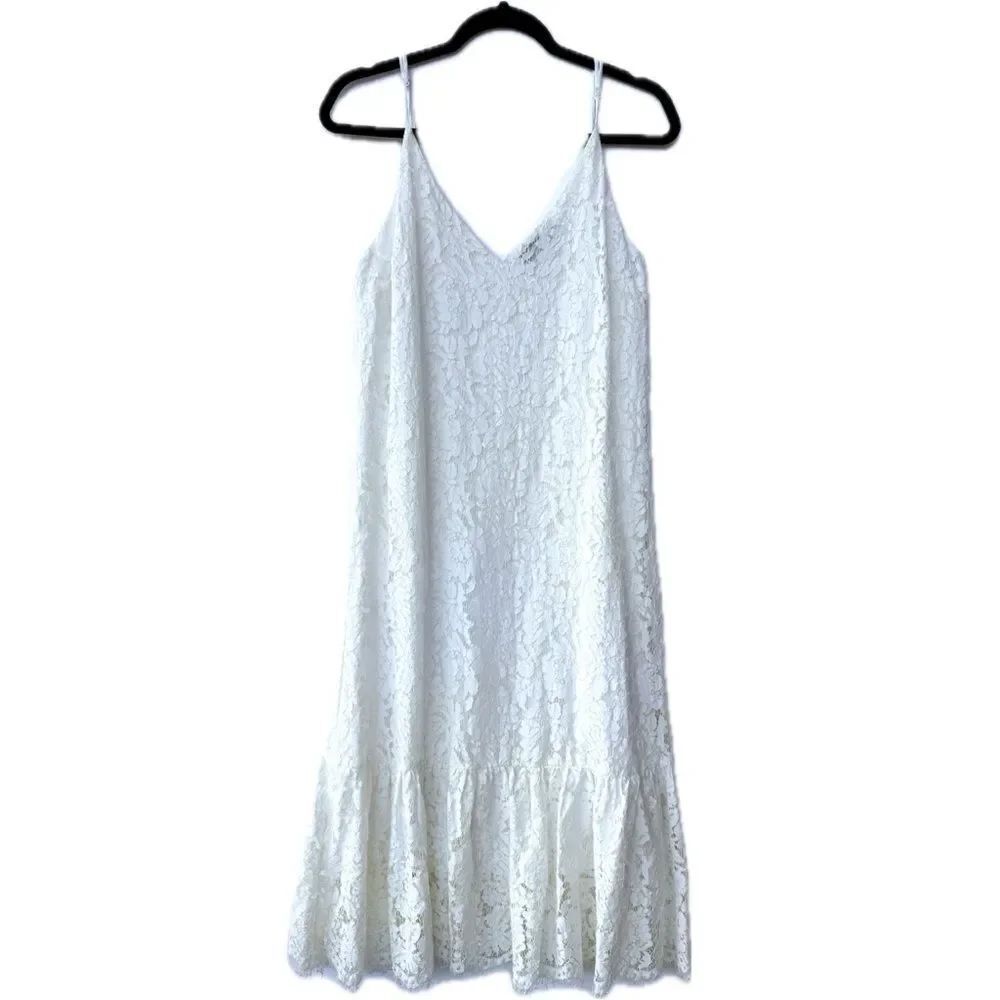 Sugar+Lips White Lace Midi Dress Ruffle Hem Medium